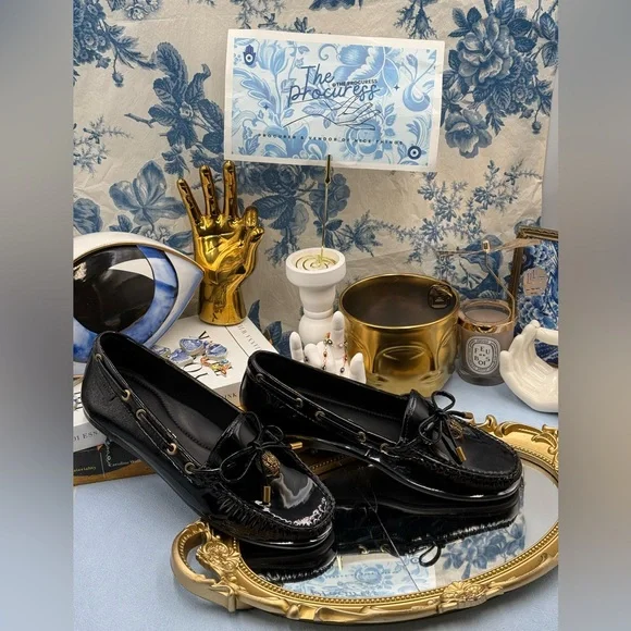 🆕 KURT GEIGER LONDON 🧿 NWOB Eagle Moccasins, Black Patent - Sz EU37 US 7